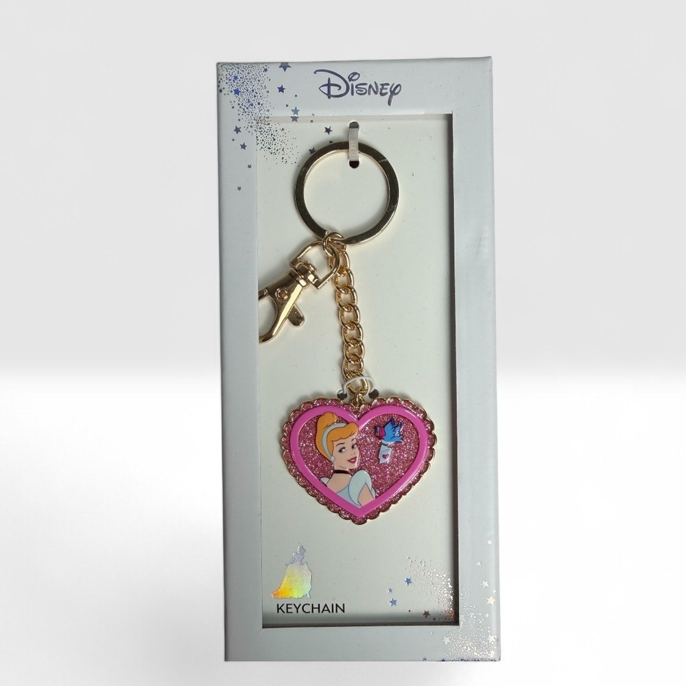 Disney‎ Cinderella Heart Keychain Pink Glitter Gold Tone Enamel Bag Charm NIB